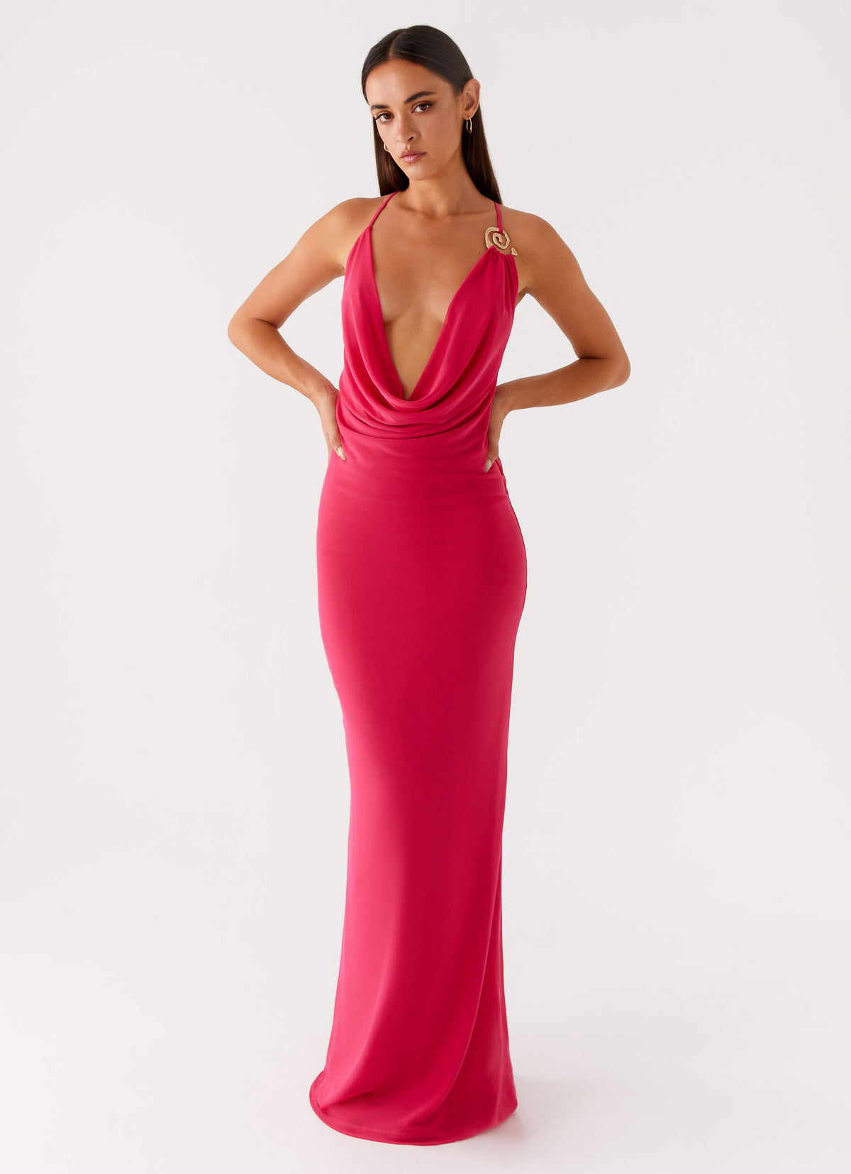 hot pink dress maxi Women's Prosperina Cecily Ruffle Neck | Size: Xs around design Jovani 23322 Long Sleeveless Pleated