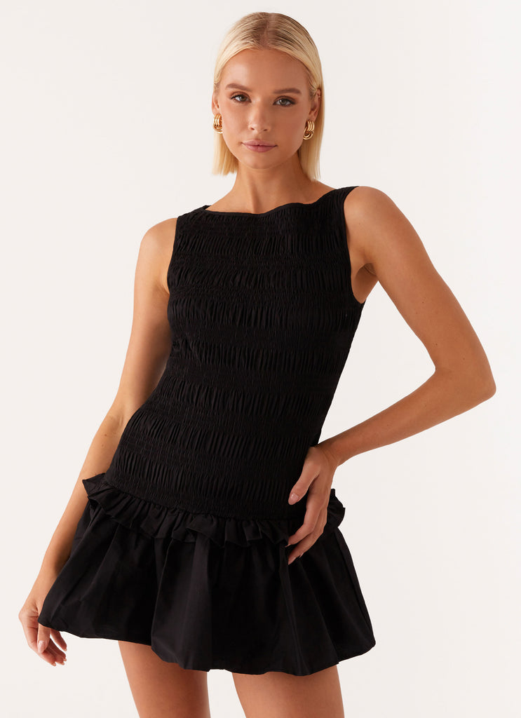 Garden Kisses Shirred Mini Dress - Black Garden Kisses Shirred Mini Dress - Black