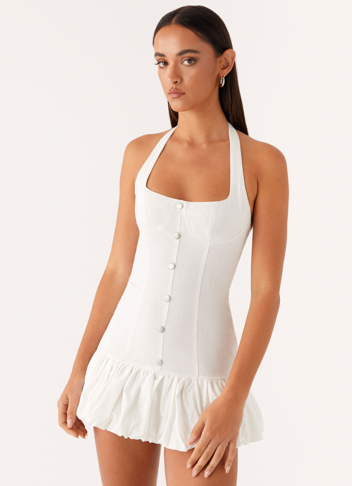 white denim mini dress With Front Zip White Denim Button Alice + Olivia Mimi Puff