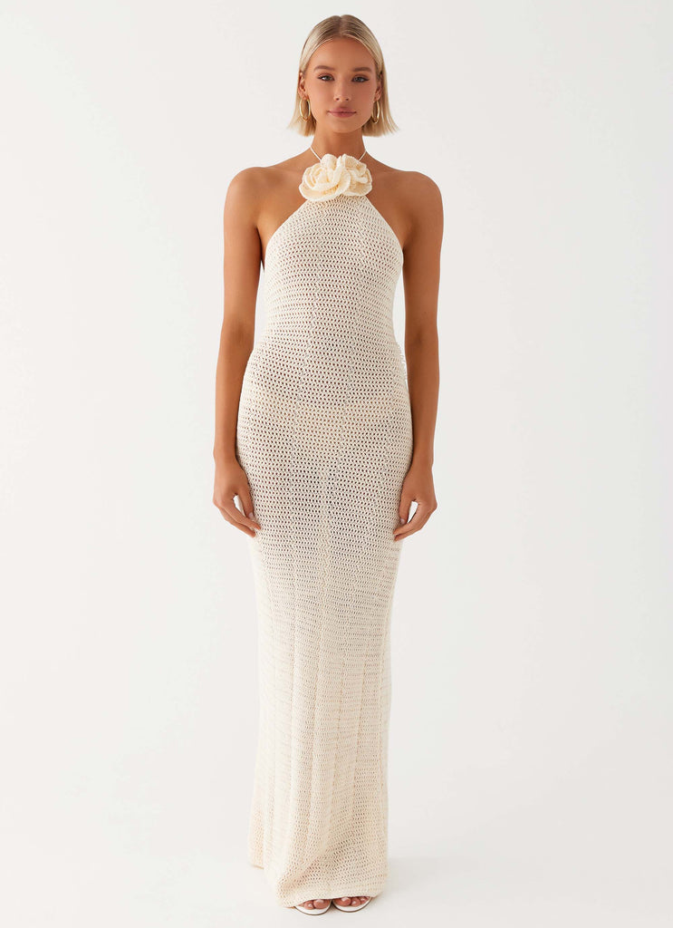 Womens Gia Rose Halter Neck Maxi Dress in the colour Ivory in front of a light grey background