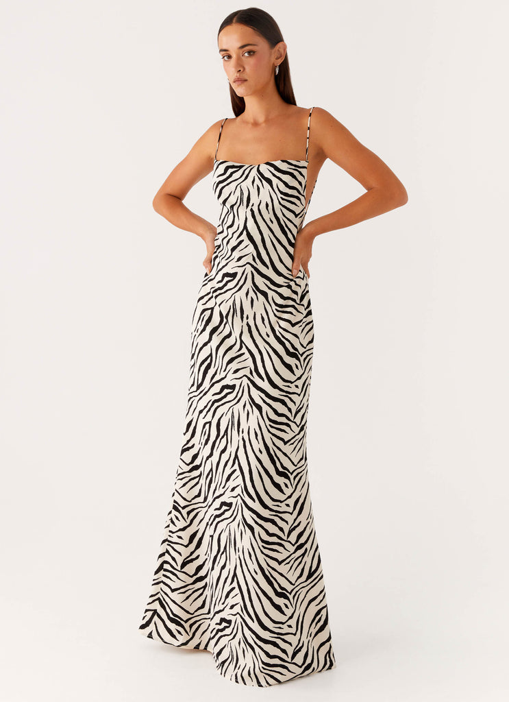 white zebra print satin cowl neck maxi dress prettylittlething