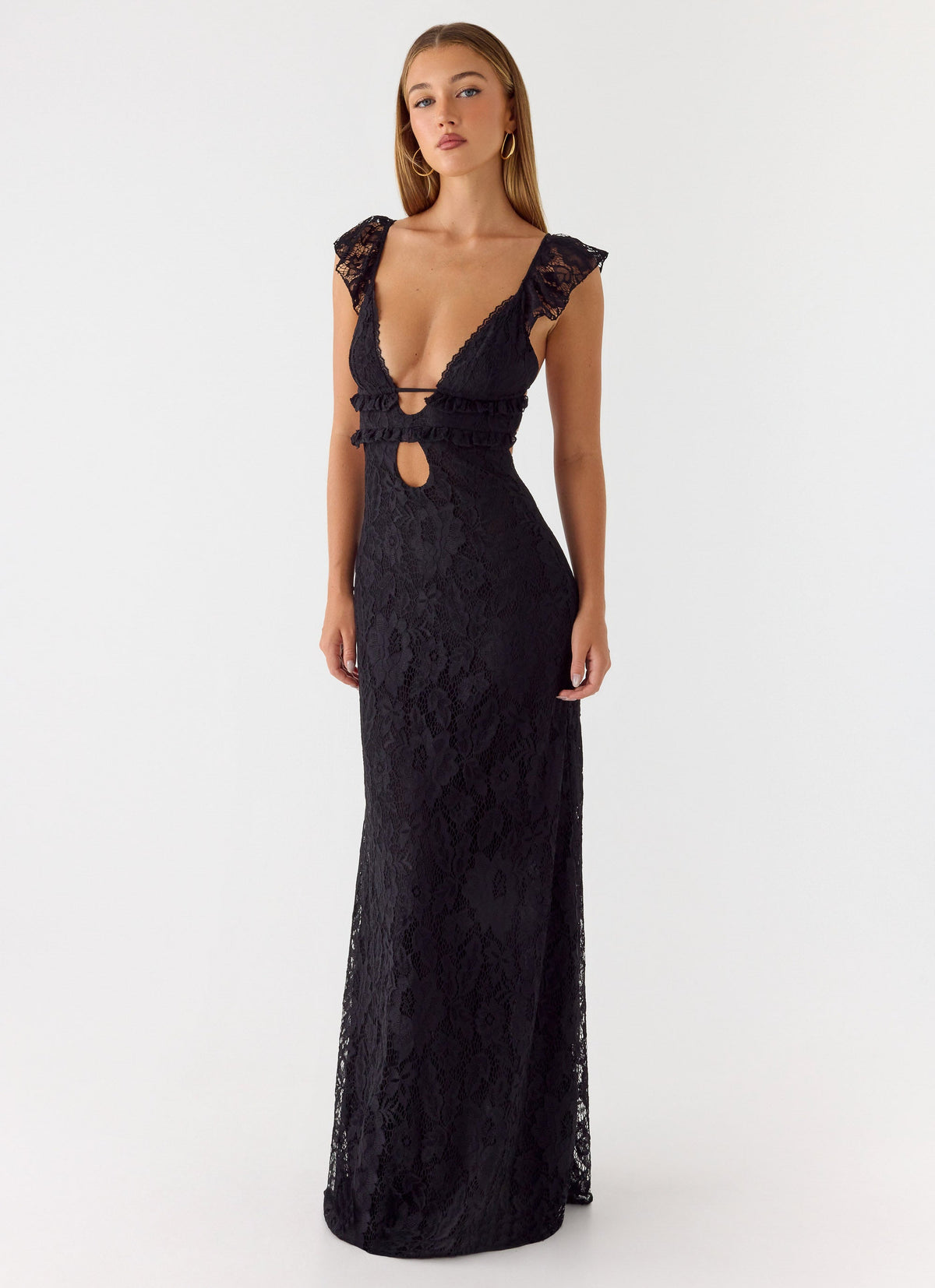 long lace black dress Maxi - Backless Maxi Dress - Sleeve Dress Black Sheer Lace Draped Long