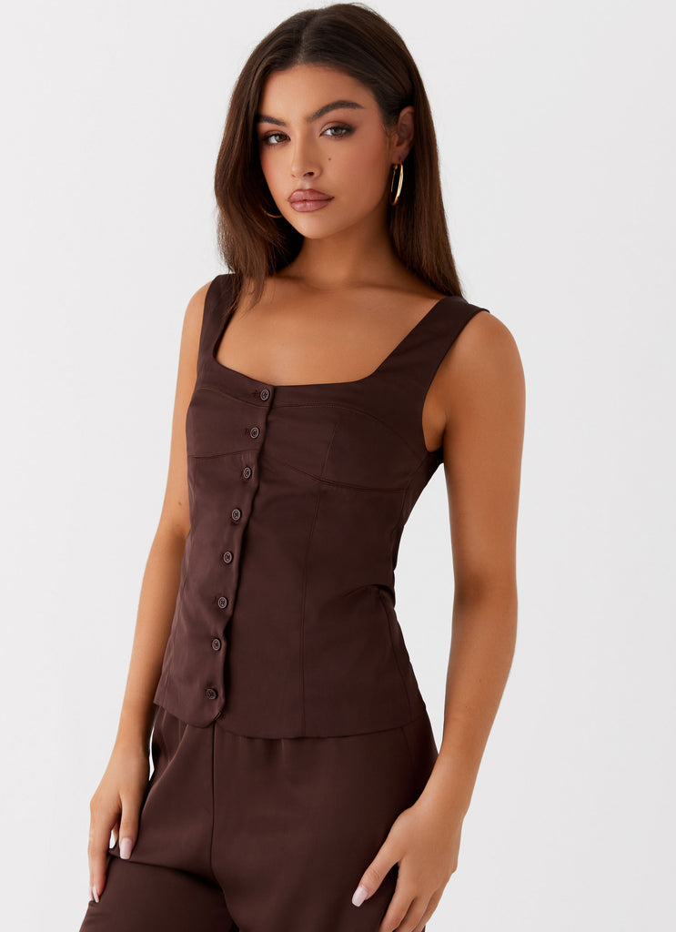 Womens Golden Skies Bustier Panel Top in the colour Chocolate in front of a light grey background