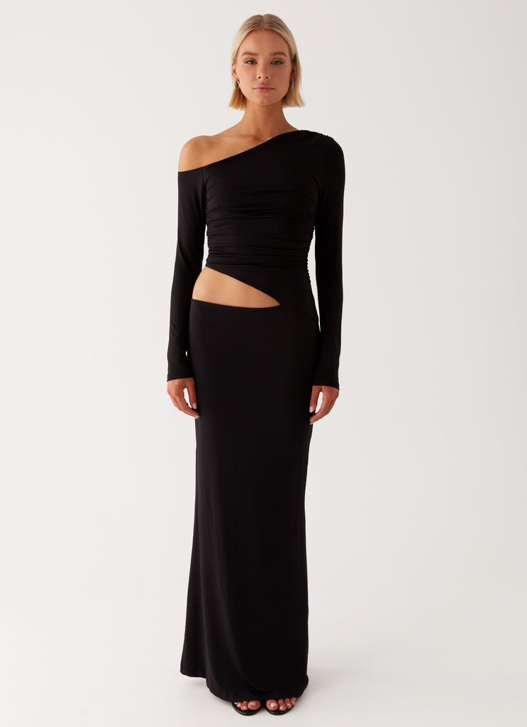 Womens Good Vibrations Maxi Dress in the colour Black in front of a light grey background