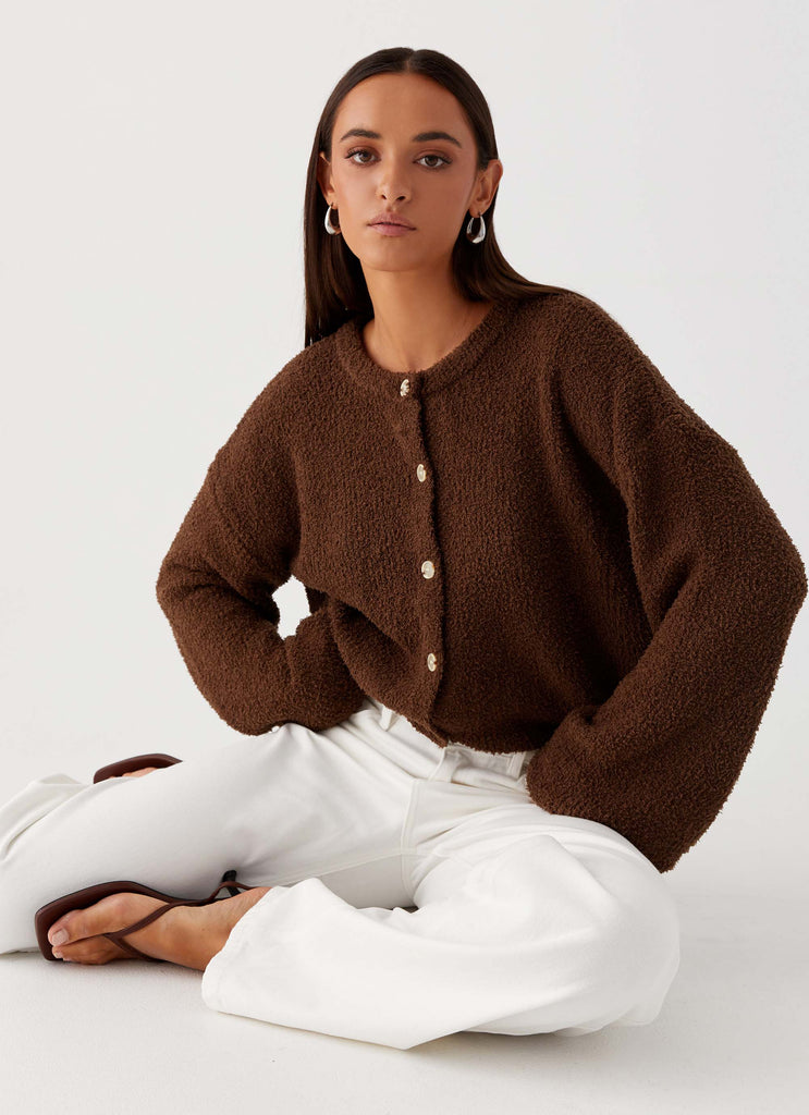 Womens Gracie Oversized Knit Cardigan in the colour Brown in front of a light grey background