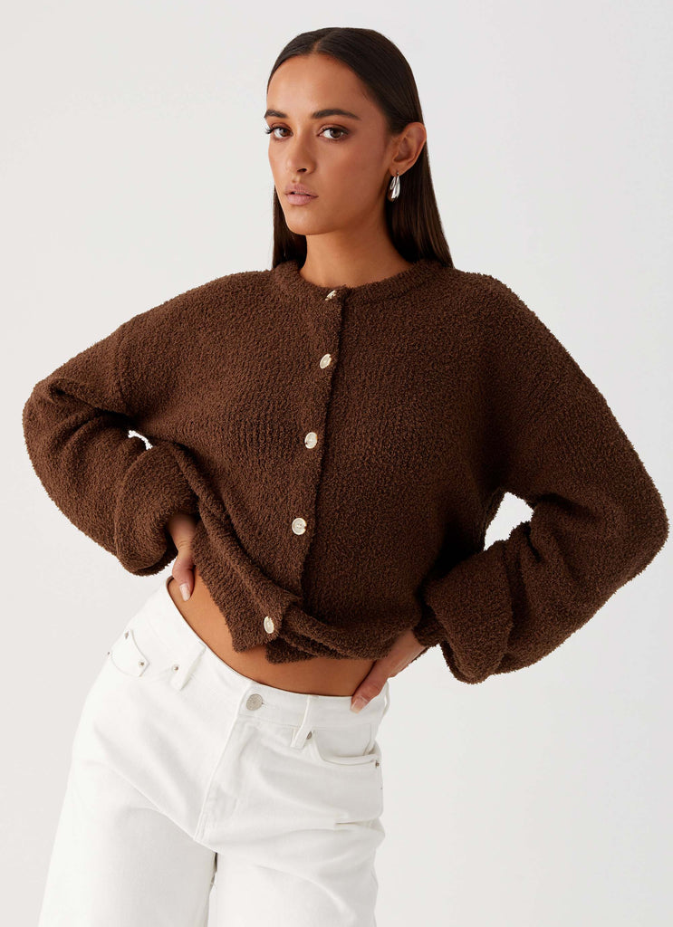 Womens Gracie Oversized Knit Cardigan in the colour Brown in front of a light grey background