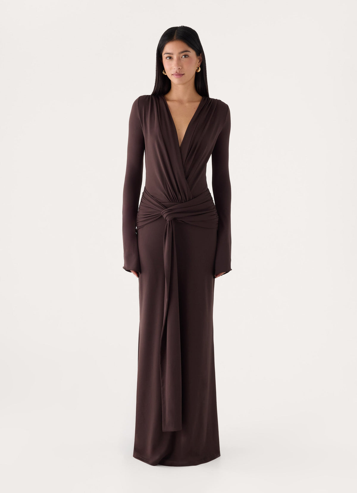 Gustin Long Sleeve Sash Maxi Dress - Chocolate