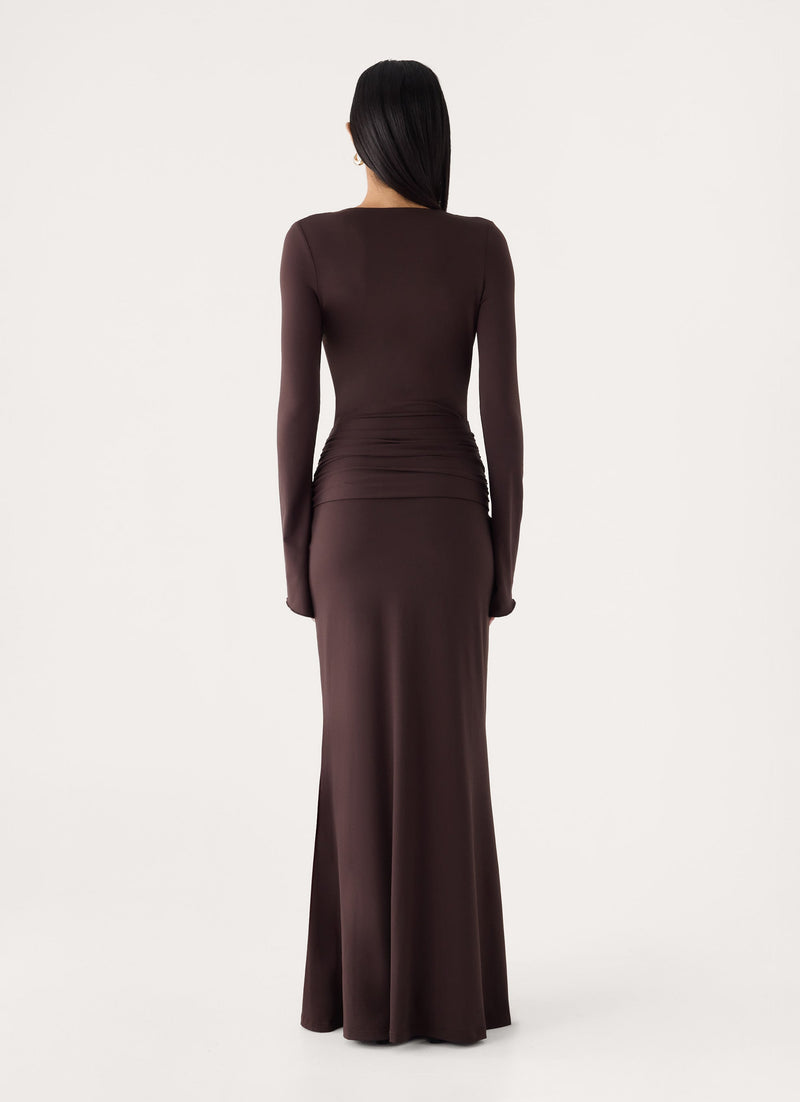 Gustin Long Sleeve Sash Maxi Dress - Chocolate