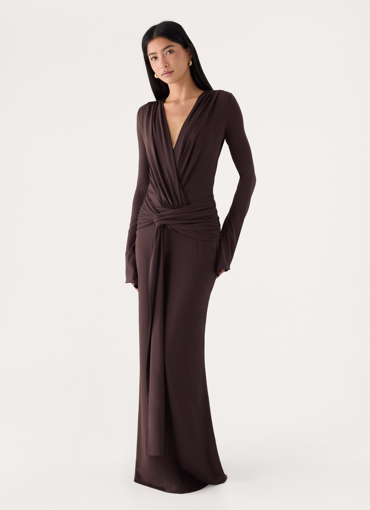 Gustin Long Sleeve Sash Maxi Dress - Chocolate