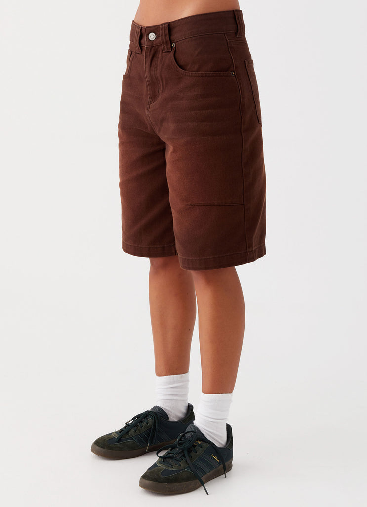 Womens Heading South Denim Jorts in the colour Brown in front of a light grey background