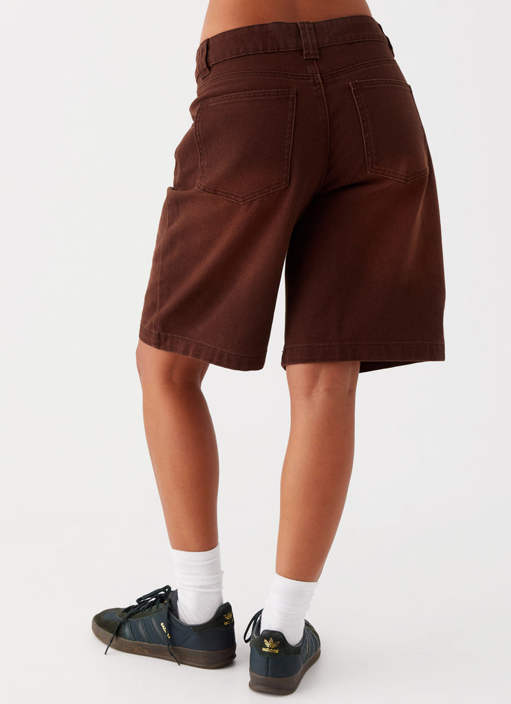 Womens Heading South Denim Jorts in the colour Brown in front of a light grey background