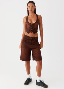 Womens Heading South Denim Jorts in the colour Brown in front of a light grey background