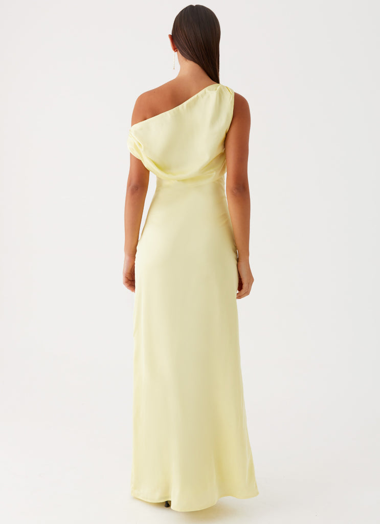 Womens Heart Of Glass Satin Maxi Dress in the colour Yellow in front of a light grey background