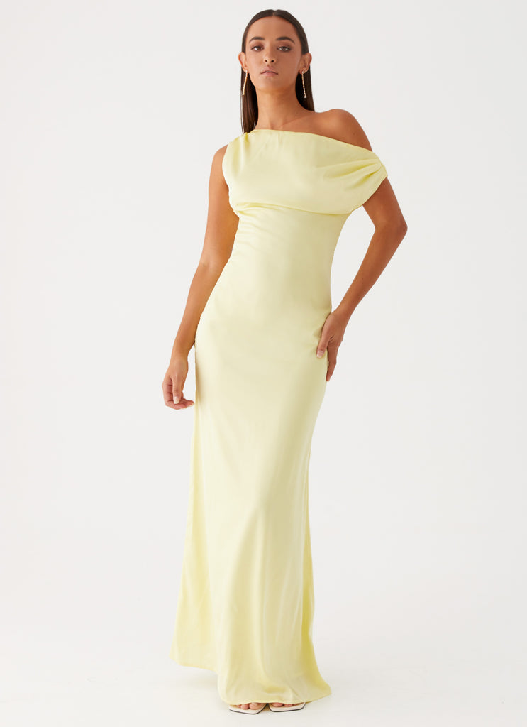 Womens Heart Of Glass Satin Maxi Dress in the colour Yellow in front of a light grey background