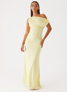 Womens Heart Of Glass Satin Maxi Dress in the colour Yellow in front of a light grey background