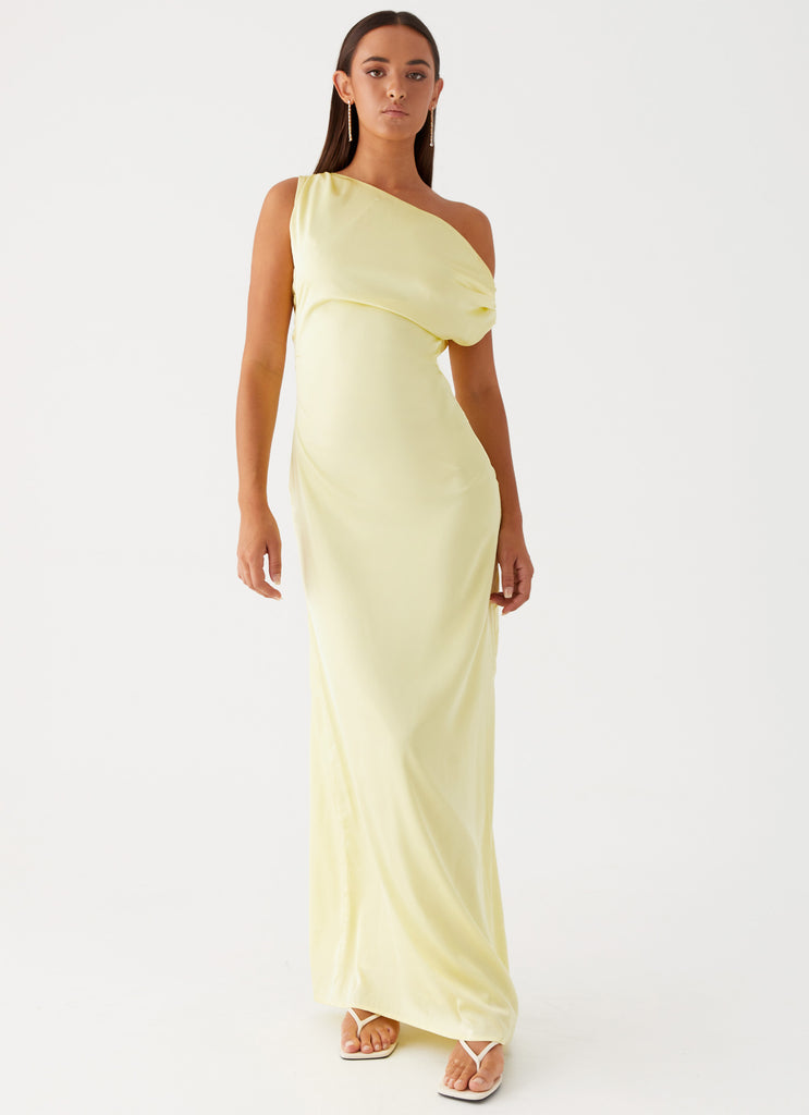 Womens Heart Of Glass Satin Maxi Dress in the colour Yellow in front of a light grey background