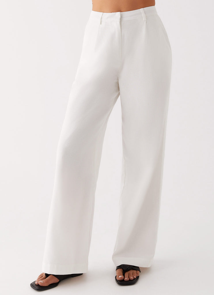 Womens Heatwave Linen Wide Leg Pants in the colour White in front of a light grey background