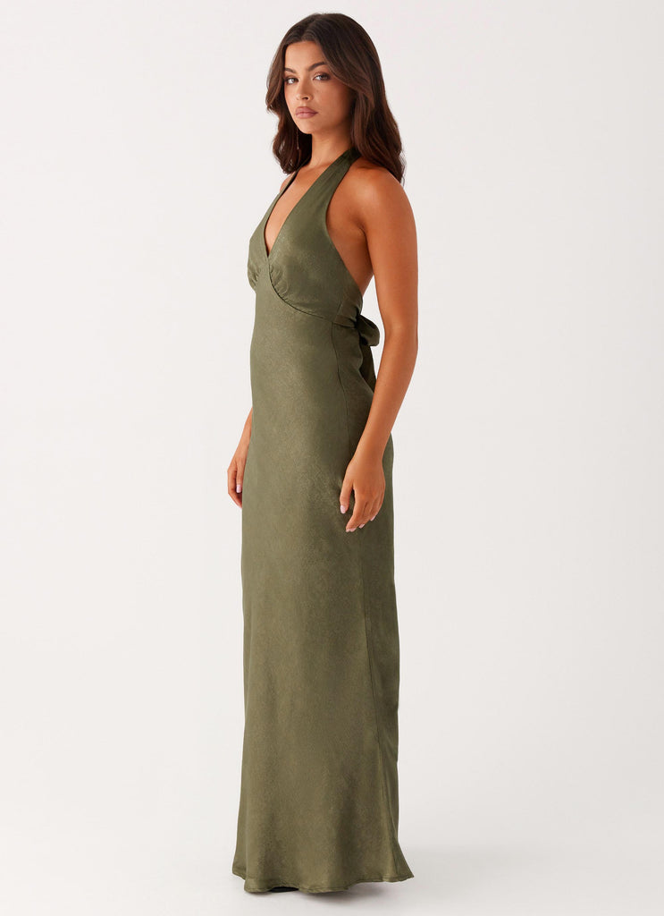 Heavy Hearted Satin Maxi Dress - Khaki