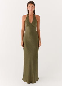 Heavy Hearted Satin Maxi Dress - Khaki