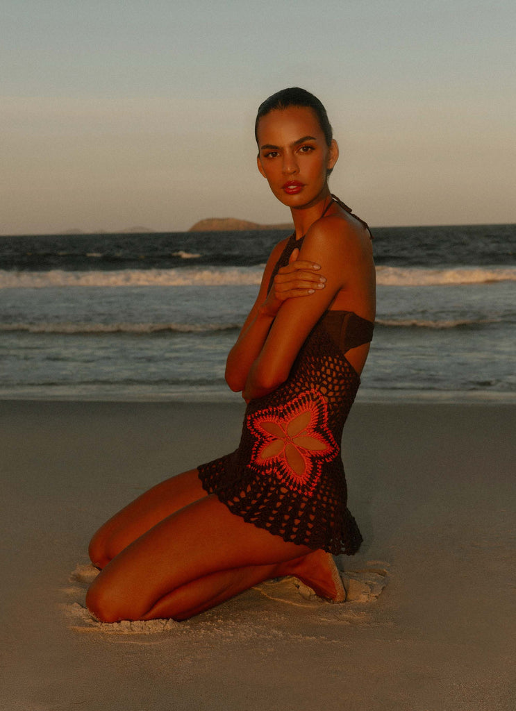 crochet knit beach mini dress in toffee Montego Mini Dress