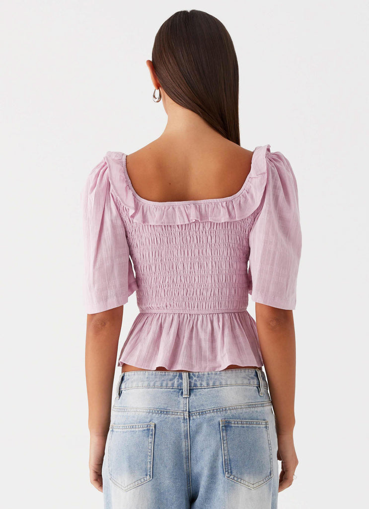 Womens Hidden Gem Shirring Top in the colour Purple in front of a light grey background