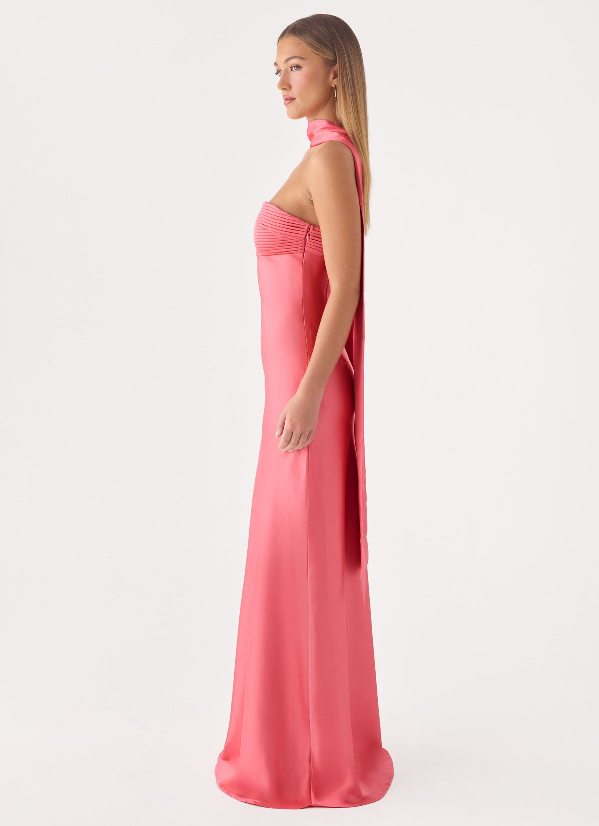 coral silk dress Draped Maxi with Gloves LEAM ALMES Made from lightweight polyester Coral Red Vacation State Maxi