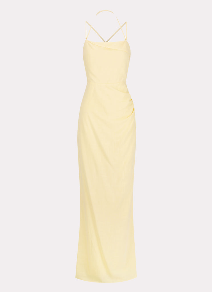 Womens Indi Maxi Dress in the colour Yellow in front of a light grey background