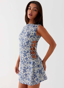 Womens Indigo Bloom Linen Mini Dress in the colour Blue Paisley in front of a light grey background