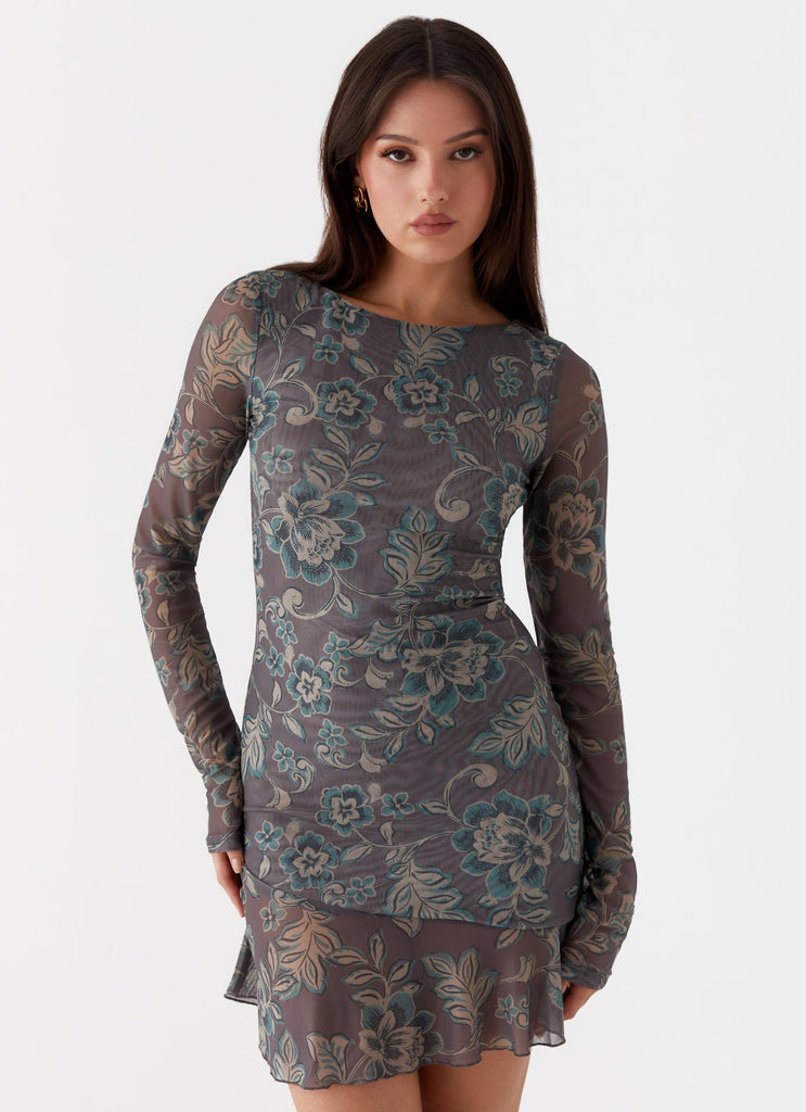 Womens Ines Long Sleeve Mini Dress in the colour Brown Floral in front of a light grey background