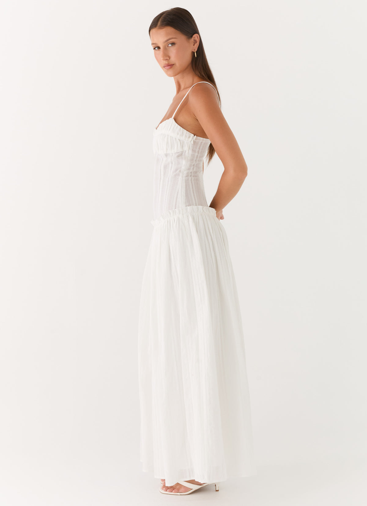 white drop waist maxi dress Anastasia Halter shaped waistline elongates the figure and flows into a softly flared maxi Jacinda Drop Waist Maxi Dress