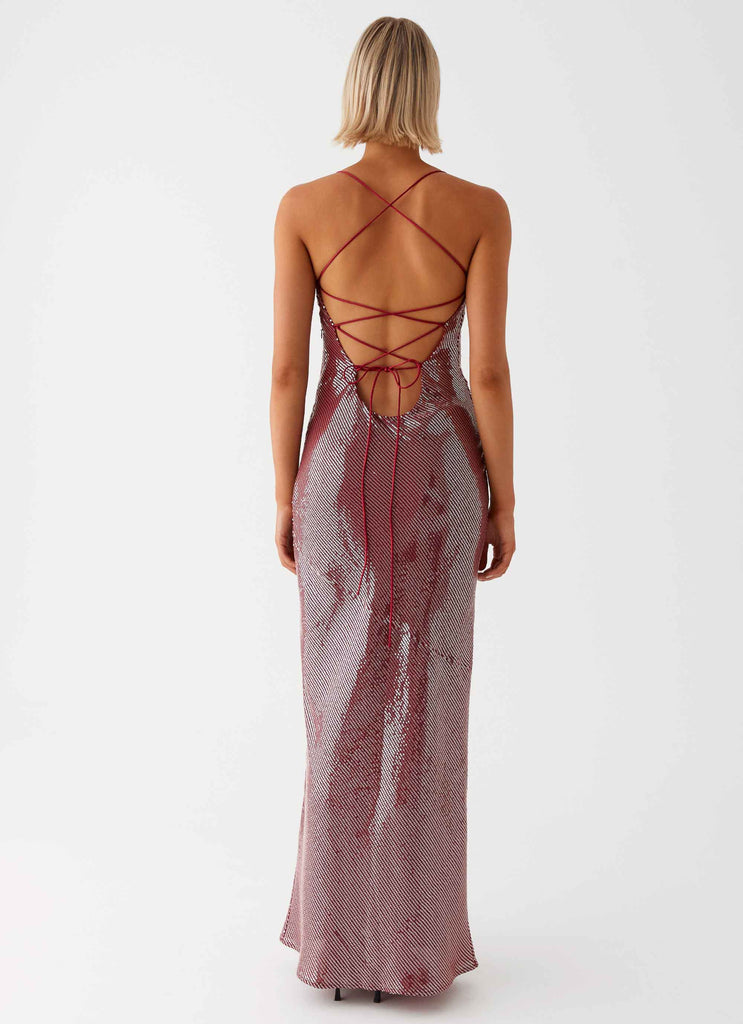 Womens Jada Sequin Maxi Dress in the colour Red in front of a light grey background