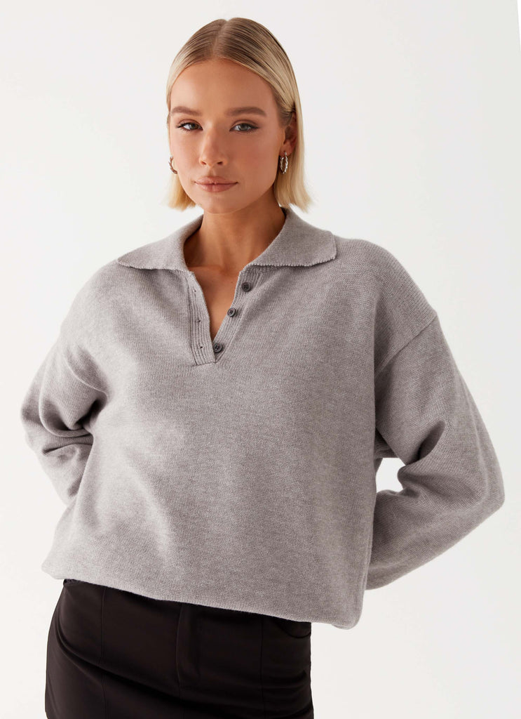 Womens Jaden Knit Polo Top in the colour Grey Marl in front of a light grey background