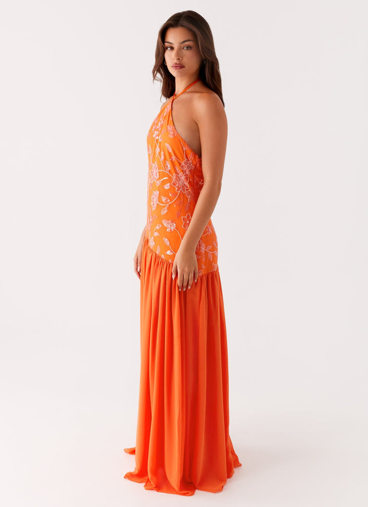 orange beaded maxi dress Sweetheart Orange Half-Beaded Long High Split Prom Dress with Half train