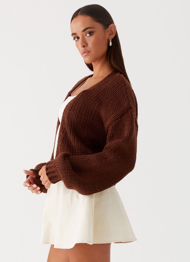 Womens Jasleen Knit Cardigan in the colour Brown in front of a light grey background