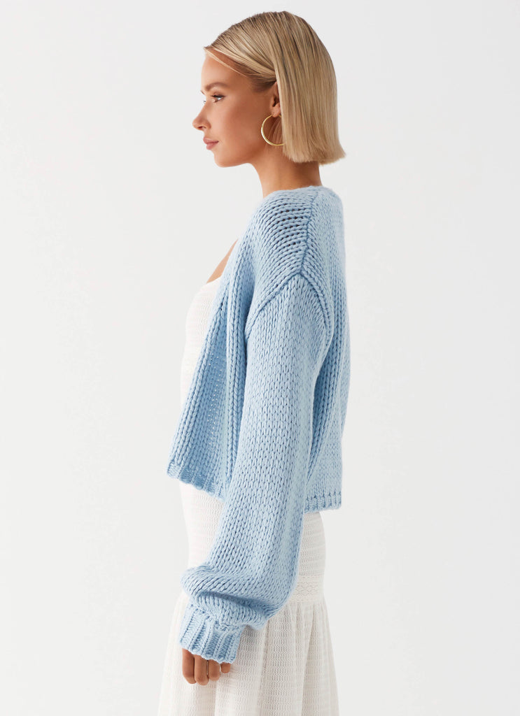 Womens Jasleen Knit Cardigan in the colour Blue in front of a light grey background