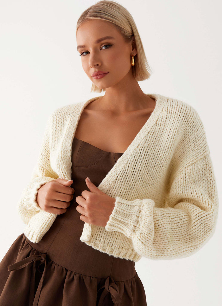 Womens Jasleen Knit Cardigan in the colour Ivory in front of a light grey background