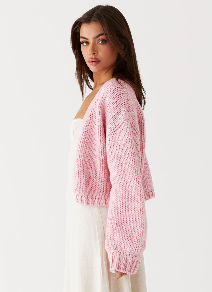 Womens Jasleen Knit Cardigan in the colour Pink in front of a light grey background