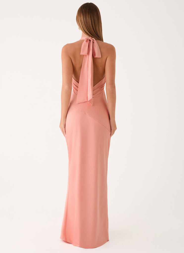silk peach dress Reiss Petite Satin Halterneck Maxi Dress in Peach