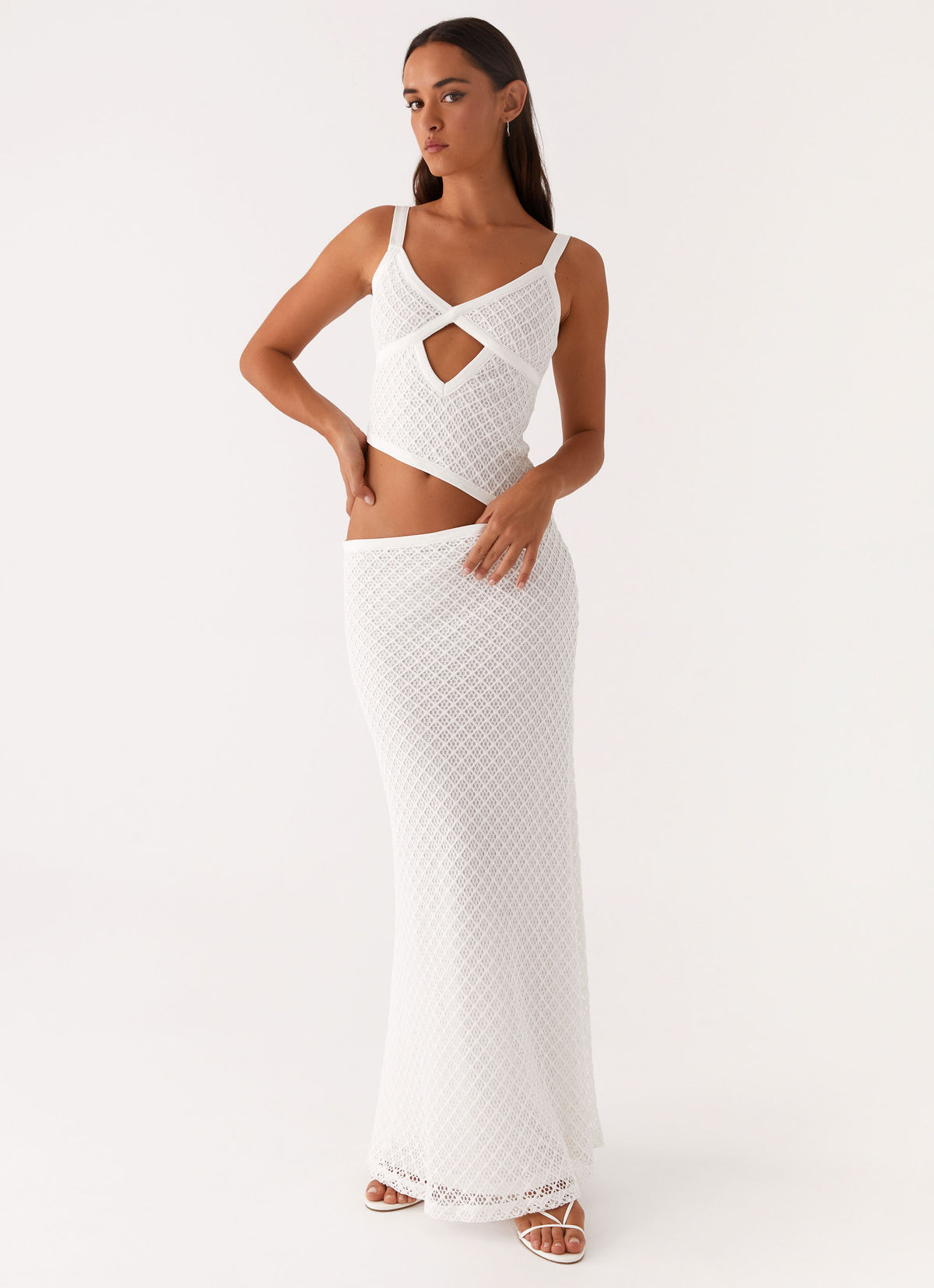 white dress with crochet Hali Frill Strap Lace straps that go around the shoulders White Crochet Detail Cap Sleeve