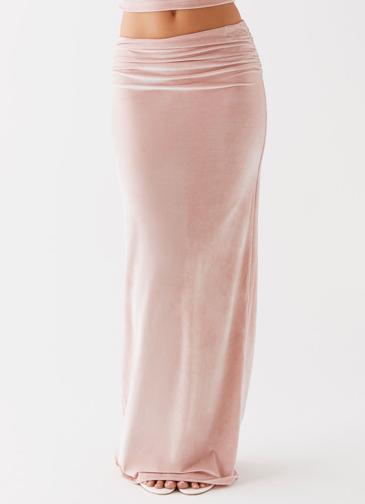 Womens Josie Velvet Maxi Skirt in the colour Pink in front of a light grey background