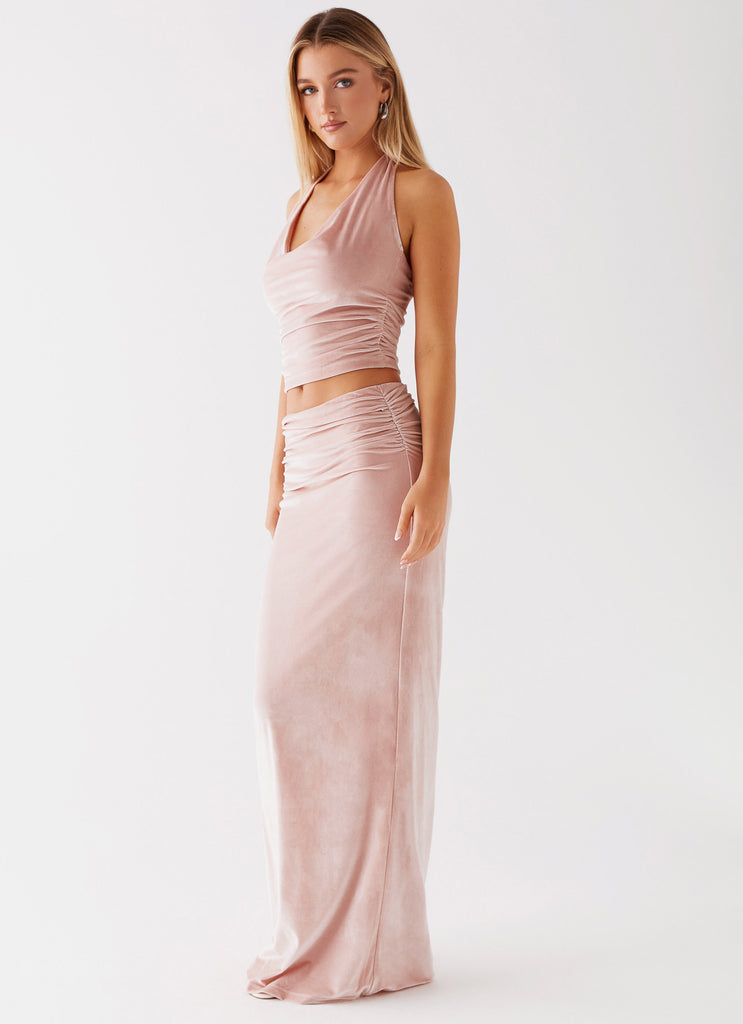 Womens Josie Velvet Maxi Skirt in the colour Pink in front of a light grey background