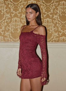 Just This Once Lace Mini Dress - Merlot