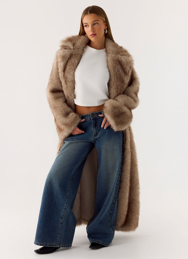 Kamil Faux Fur Maxi Coat - Tan Beige