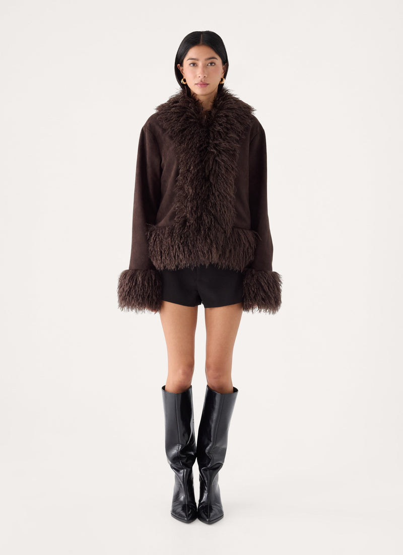 Kamsy Fur Trim Coat - Chocolate