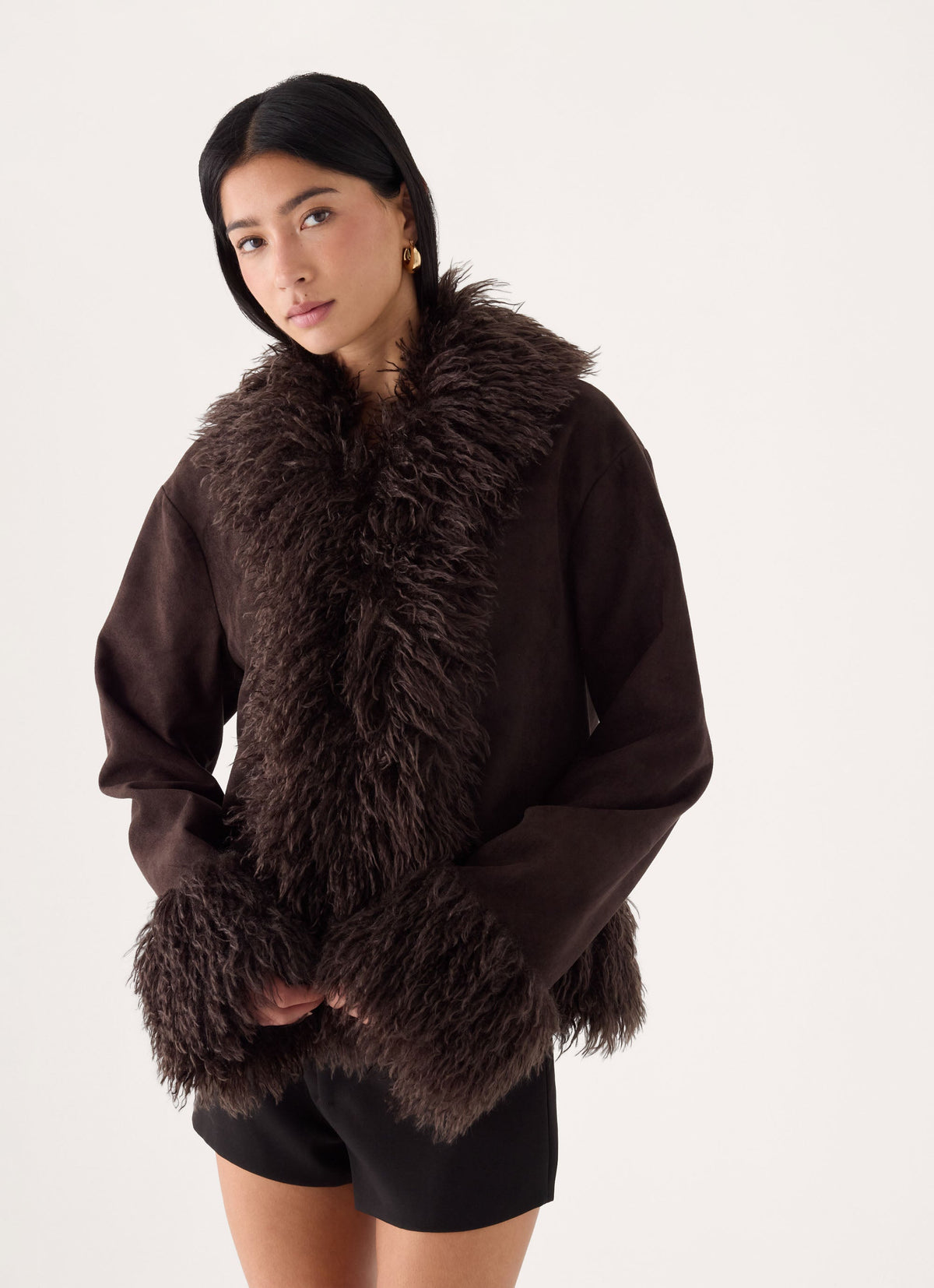 Kamsy Fur Trim Coat - Chocolate