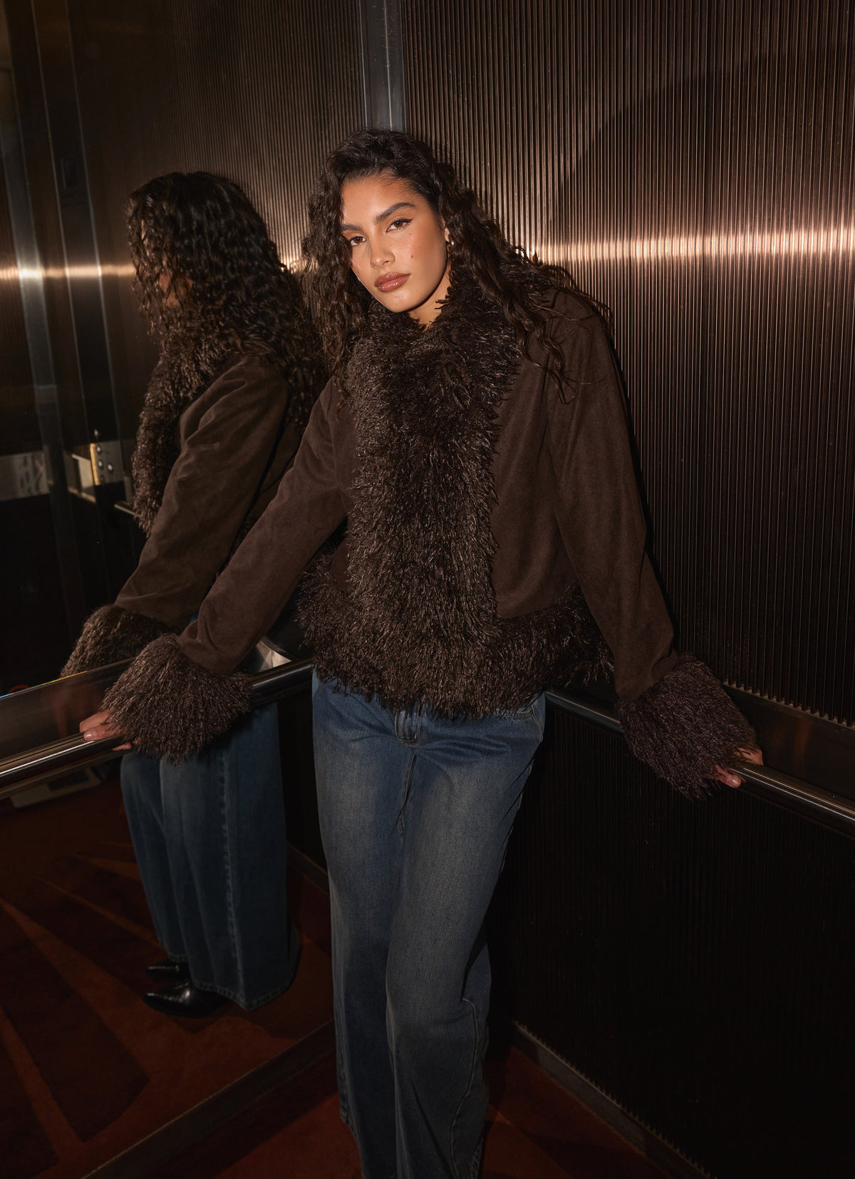 Kamsy Fur Trim Coat - Chocolate