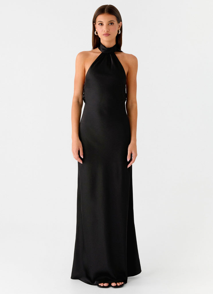 black satin dress with neck scarf Keena Scarf Maxi Dress