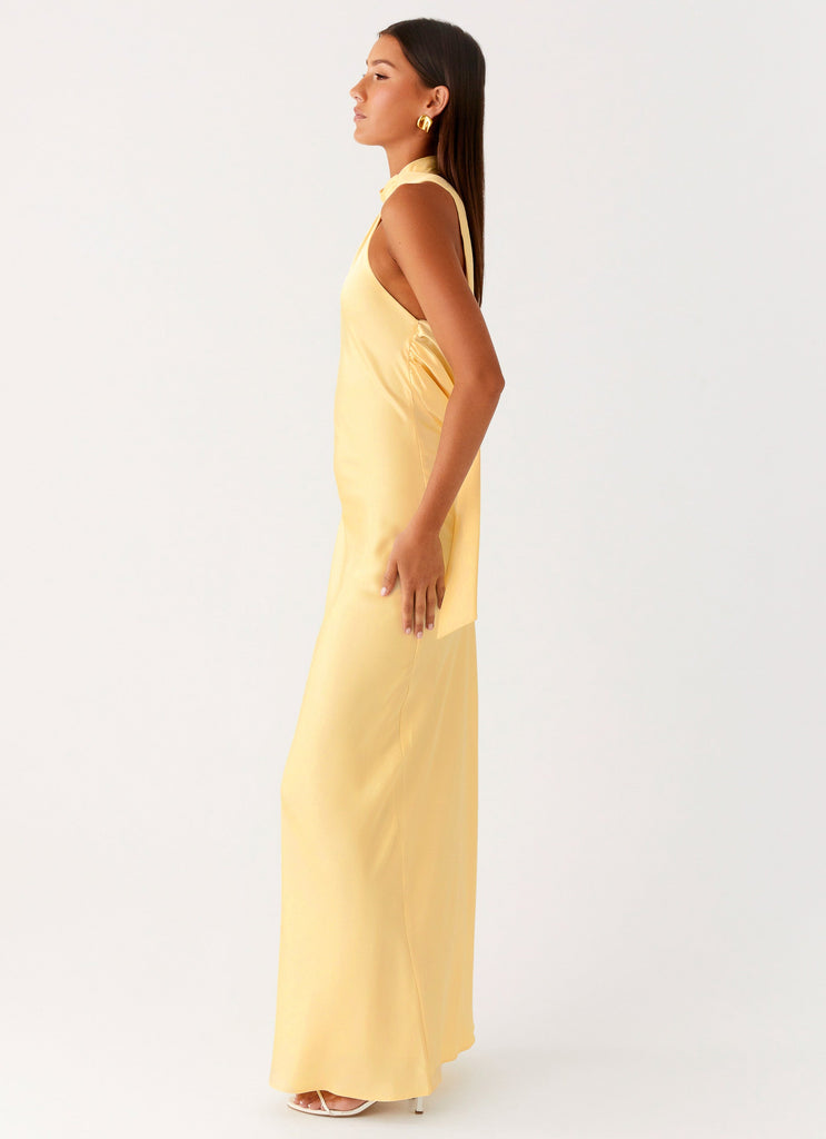 yellow maxi dress with scarf Scarf-Detail Strapless Gown in Pastel Yellow