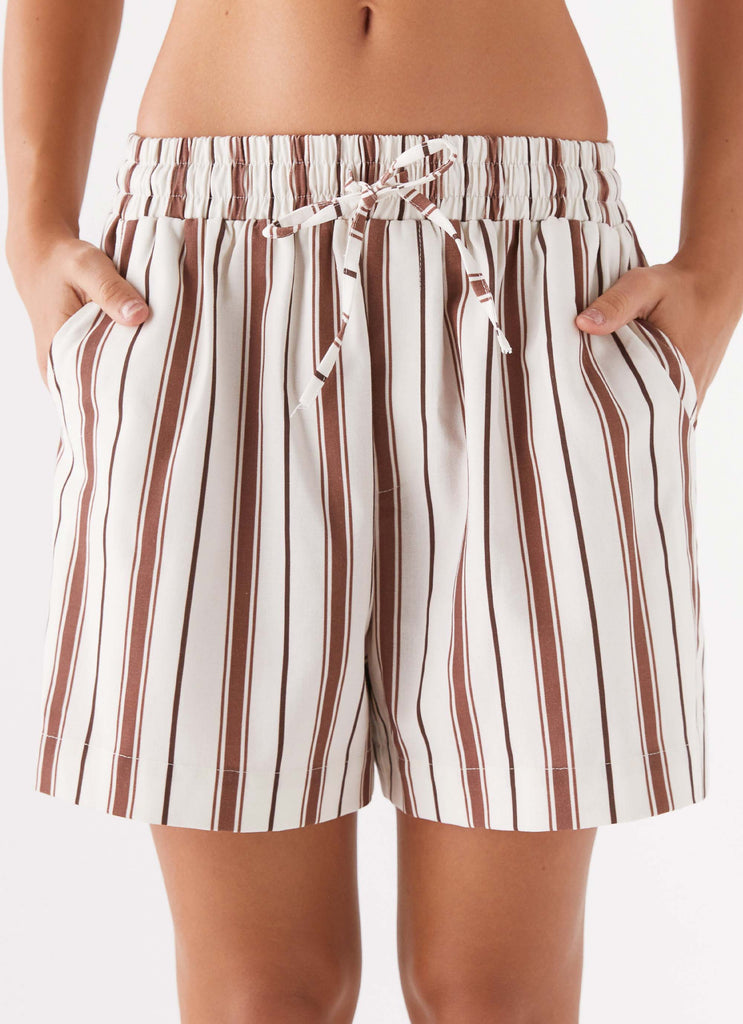 Womens Kristen Linen Drawstring Shorts in the colour Brown Stripe in front of a light grey background