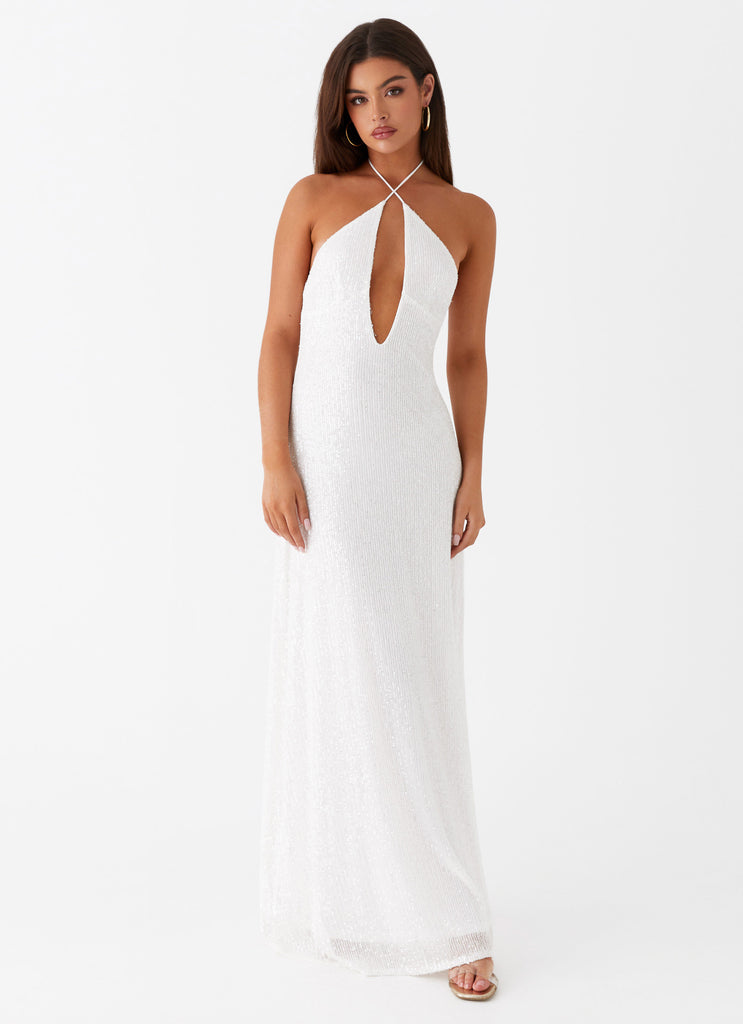 Womens Latanya Sequin Maxi Dress in the colour White in front of a light grey background